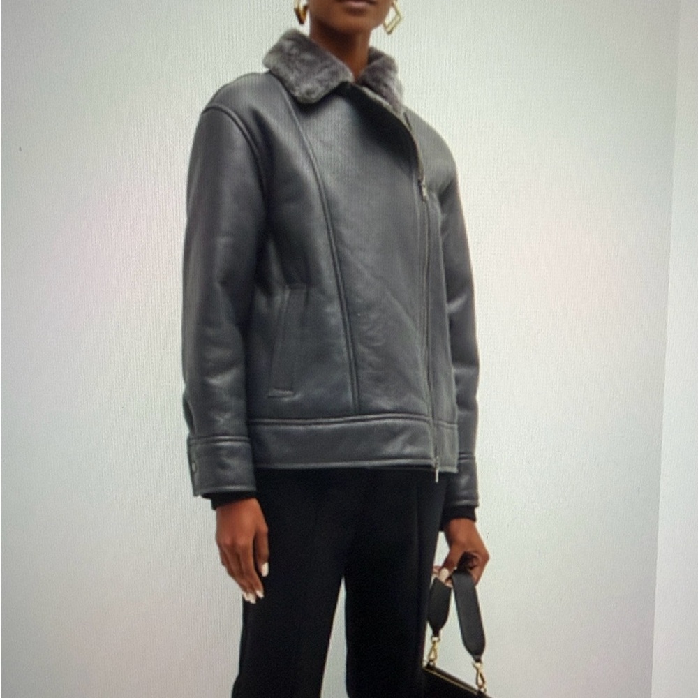 Theory Dark Ash Shine Merino Leather Shearling Moto Jacket